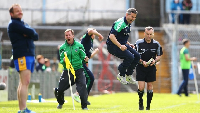 Limerick manager TJ Ryan celebrates a goal during his side's Munster SHC quarter-final against Clare