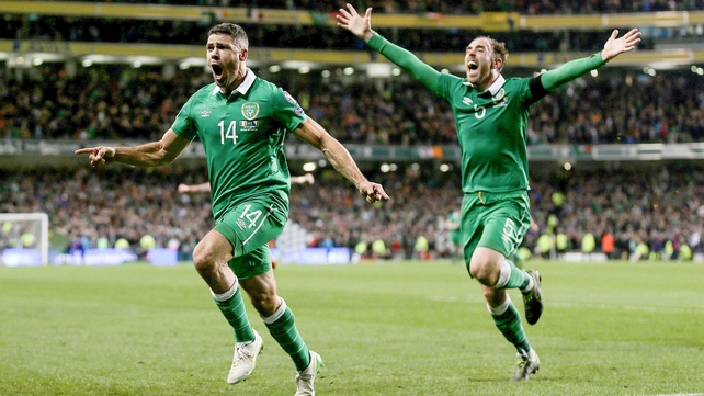 Richard Keogh and Jonathan Walters (L) celebrate Walters' goal against Bosnia at Aviva Stadium which sealed Ireland's qualification for Euro 2016