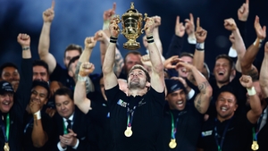Richie McCaw of New Zealand lifts the Webb Ellis Cup following his side's 2015 Rugby World Cup Final victory over Australia