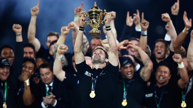 Richie McCaw of New Zealand lifts the Webb Ellis Cup following his side's 2015 Rugby World Cup Final victory over Australia