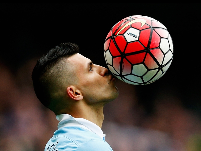 Sergio Aguero of Manchester City celebrates scoring a hat-trick against Newcastle United