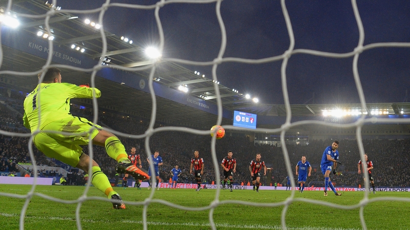 Artur Boruc gets down to save Riyad Mahrez's spot kick