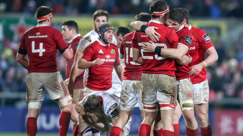 Munster players celebrate at the final whistle