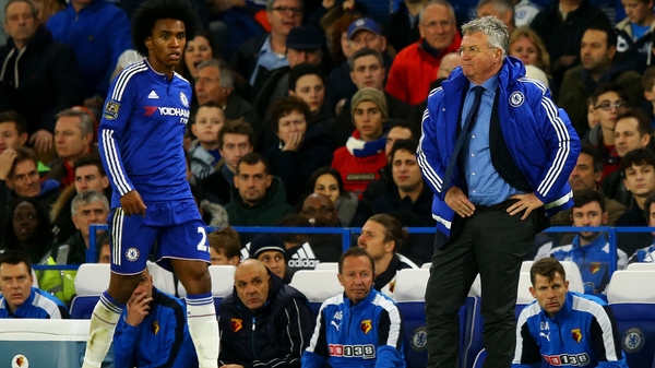 Interim Chelsea manager Guus Hiddink (R) and Willian