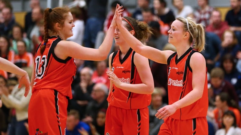 Aoibheann Byrne and Aisling Sullivan of Pyrobel Killester celebrate after their semi-final win