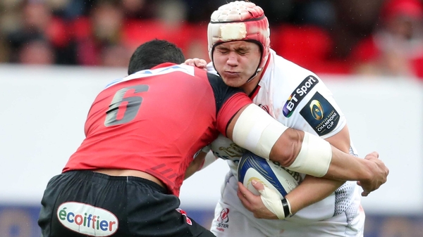 Ulster's Kyle McCall crashes into Oyonnax's Pierrick Gunther