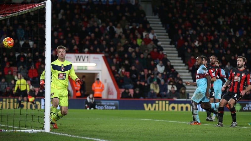 Goalkeeper Artur Boruc of Bournemouth watches Enner Valencia effort go in
