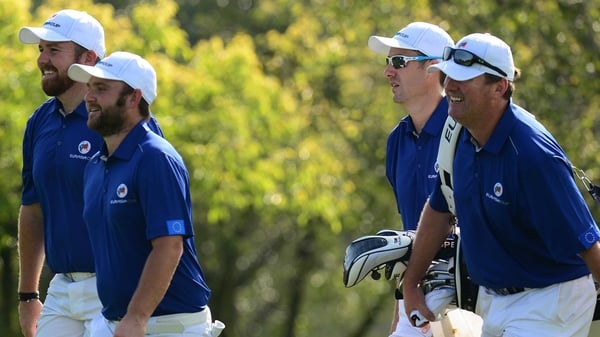 Shane Lowry (far left) with Andy Sullivan of Team Europe during the practice round ahead of the EurAsia Cup