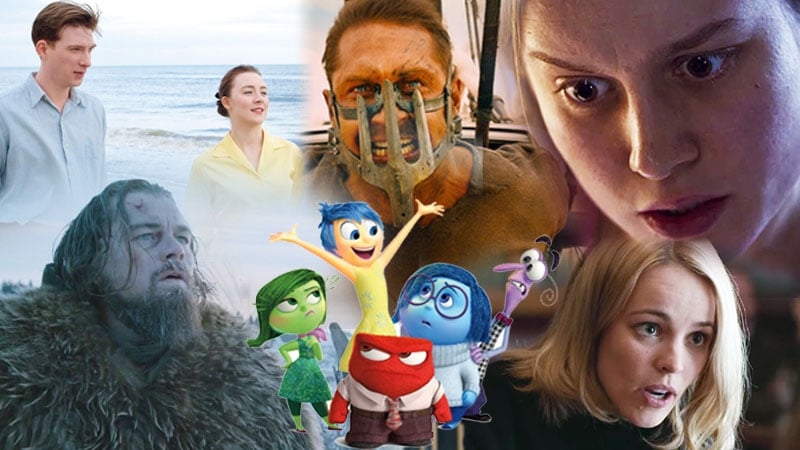 Clockwise from top: Brooklyn, Mad Max: Fury Road, Room, Spotlight, Inside Out and The Revenant