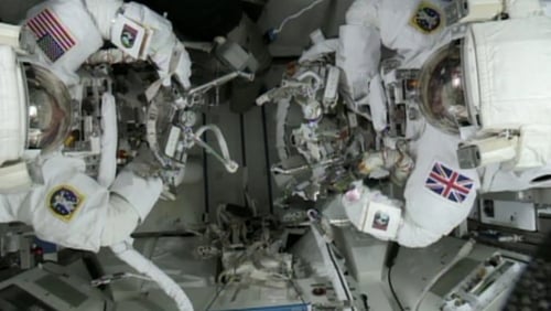 Tim Kopra (L) and Tim Peake replaced a faulty power box on the ISS