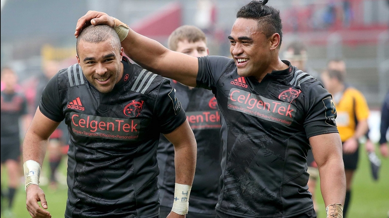 Simon Zebo and Francis Saili celebrate after the win over Stade