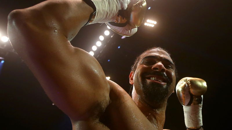 Heavyweight Haye celebrates after an easy victory on his return to the ring