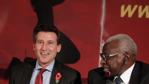 Sebastian Coe and then-IAAF president Lamine Diack at the 2011 announcement of the successful bid