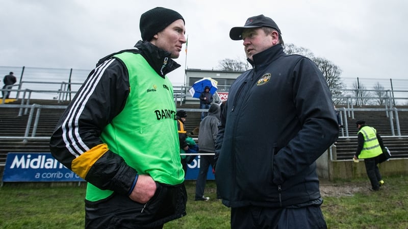 Cats Walsh Cup boss Eddie Brennan chats with Offaly manager Eamonn Kelly after their sides' match in Birr