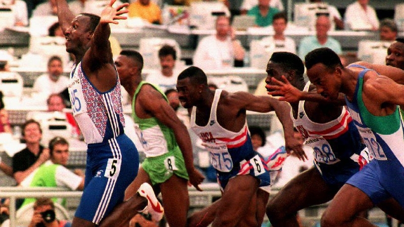 Linford Christie en route to winning gold at the Barcelona Olympics in 1992