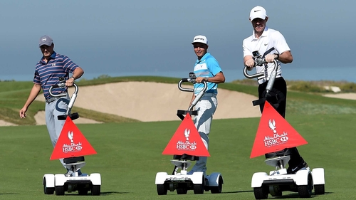 Rory McIlroy (r), Rickie Fowler and Jordan Spieth pictured at the Rider Cup Desert Challenge