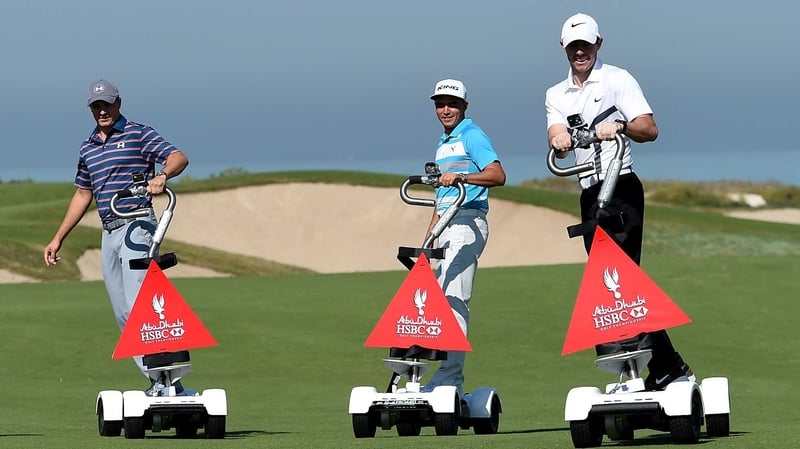 Rory McIlroy (r), Rickie Fowler and Jordan Spieth pictured at the Rider Cup Desert Challenge