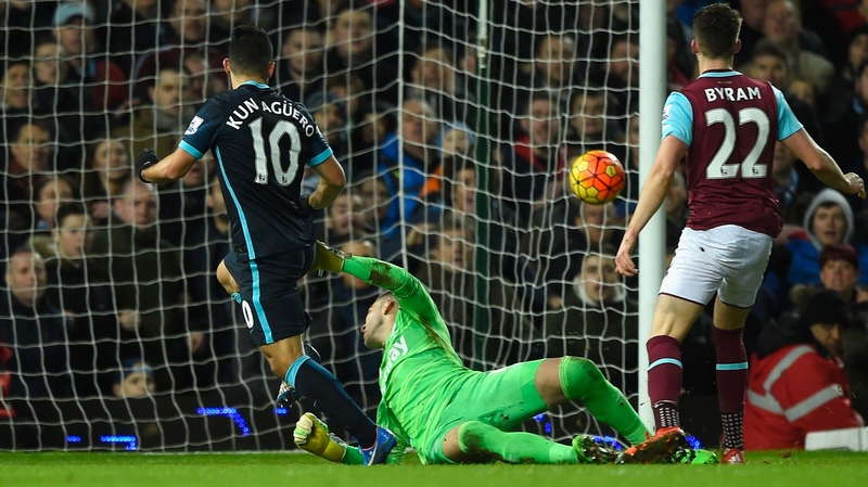 Sergio Aguero scores his and Manchester City's second goal