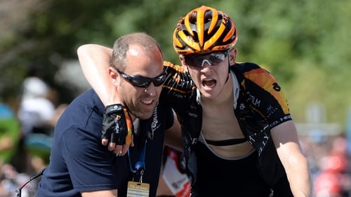 American Chad Haga was one of six Giant-Alpecin riders hurt in a crash on Saturday