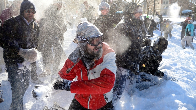 A giant snowball fight in Dupont Circle in Washington DC this morning