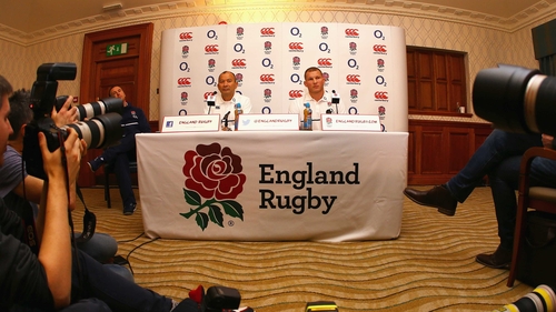 Dylan Hartley (R) and head coach Eddie Jones during today's press conference