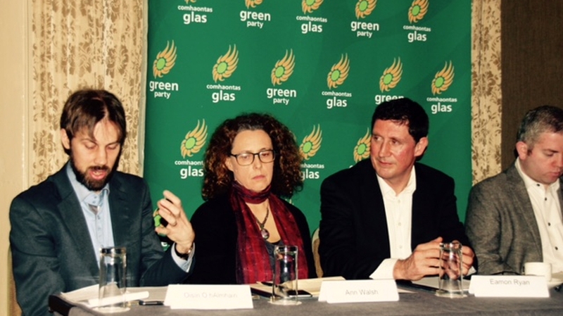 (L-R) GP Health Spokesperson Oisín Ó hAlmhain, GP candidate in Wexford Ann Walsh, party leader Eamonn Ryan, GP candidate in Meath West Séamus McMenamin