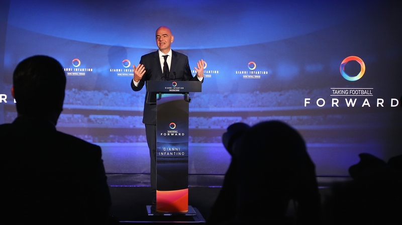 Gianni Infantino unveiling his a 90-day action plan alongside some influential backers at Wembley Stadium