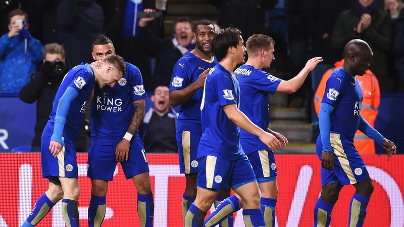 Leicester players celebrate Jamie Vardy's opener