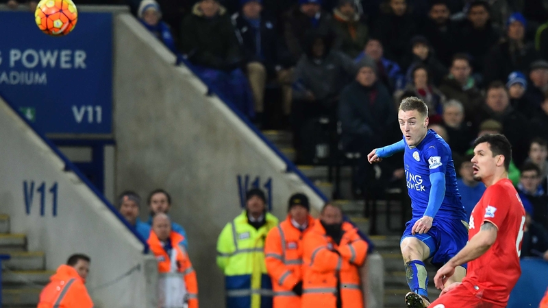 Jamie Vardy unleashes a ferocious volley to open the scoring against Liverpool