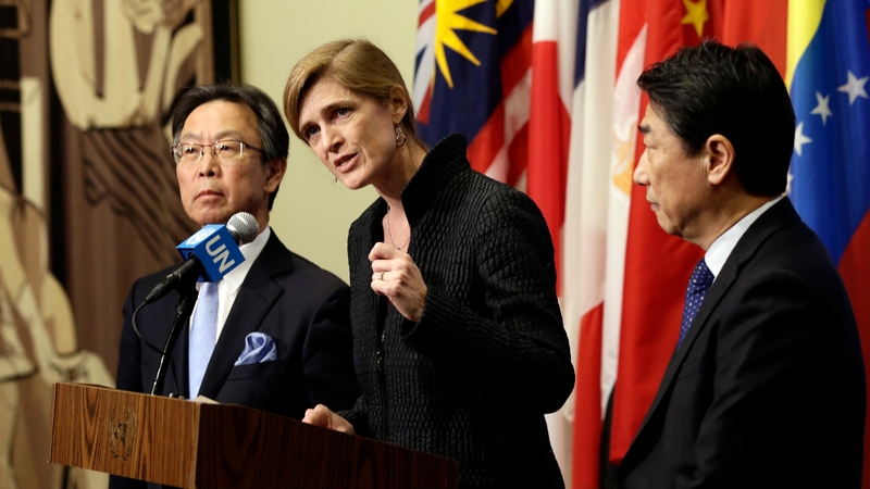 US ambassador to the UN, Samantha Power (C), Japanese ambassador to the UN, Motohide Yoshikawa (L) and South Korean ambassador to the UN , Oh Joon (R) brief the media after their emergency meeting