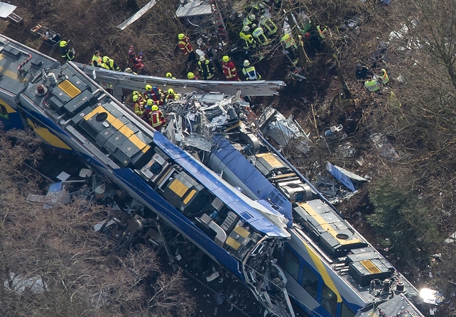 An aerial shot shows wreckage from both trains following the crash