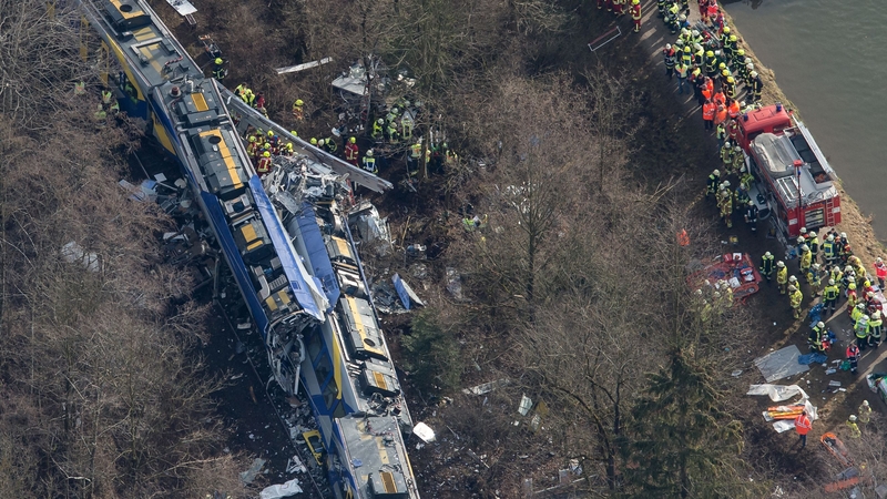 Aerial picture shows emergency services at the scene of the train crash in southern Germany