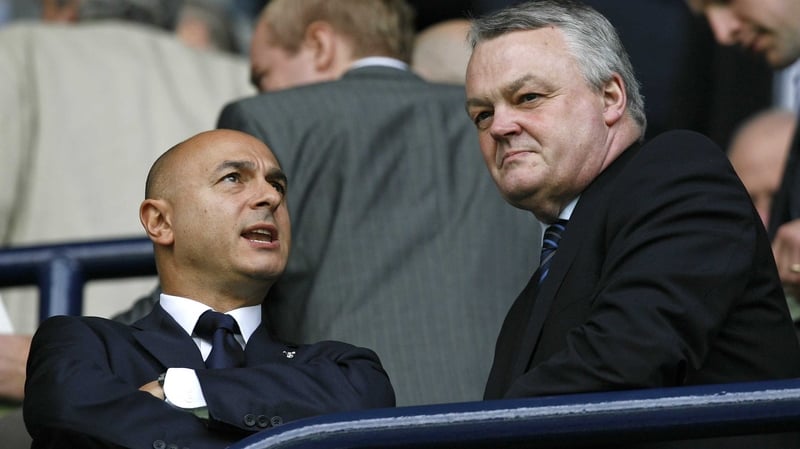 Phil Gartside (R) pictured with Tottenham chairman Daniel Levy