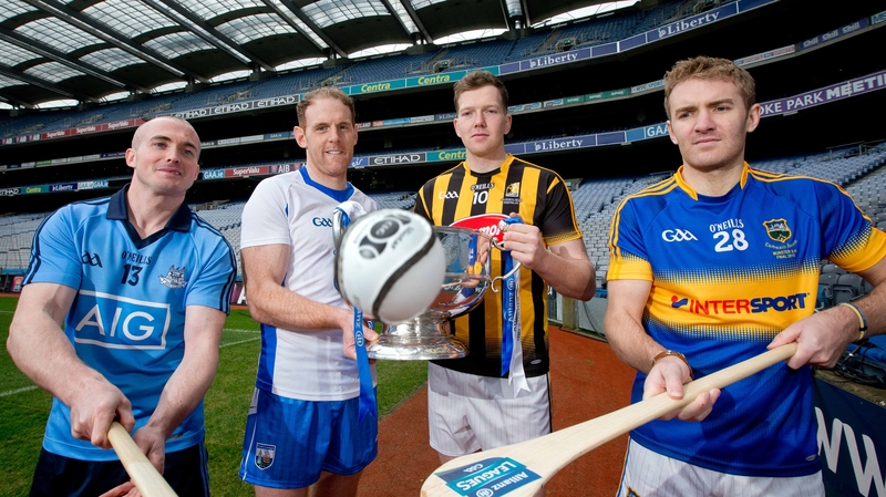 Dublin's David O'Callaghan, Kevin Moran of Waterford, Kilkenny's Walter Walsh and Noel McGrath of Tipperary at the Croke Park launch of the Allianz League