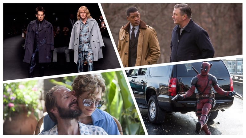Clockwise from top left: Zoolander 2, Concussion, Deadpool, A Bigger Splash