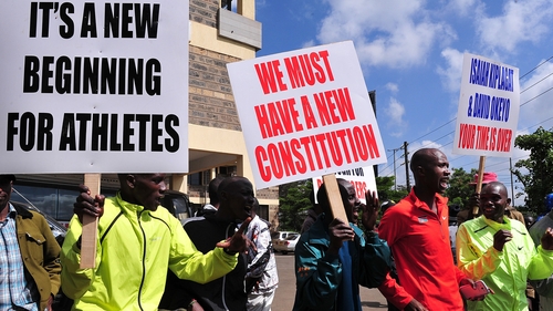 Kenyan athletes protest in Nairobi in November to demand that officials accused of corruption be sacked