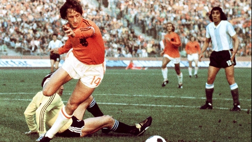 Johan Cruyff on his way to scoring a goal during the World Cup quarter-final victory over Argentina in 1974