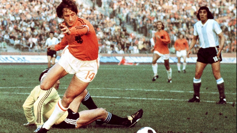 Johan Cruyff on his way to scoring a goal during the World Cup quarter-final victory over Argentina in 1974