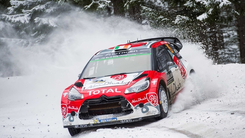 Craig Breen guides his Citroen DS 3 through the snow
