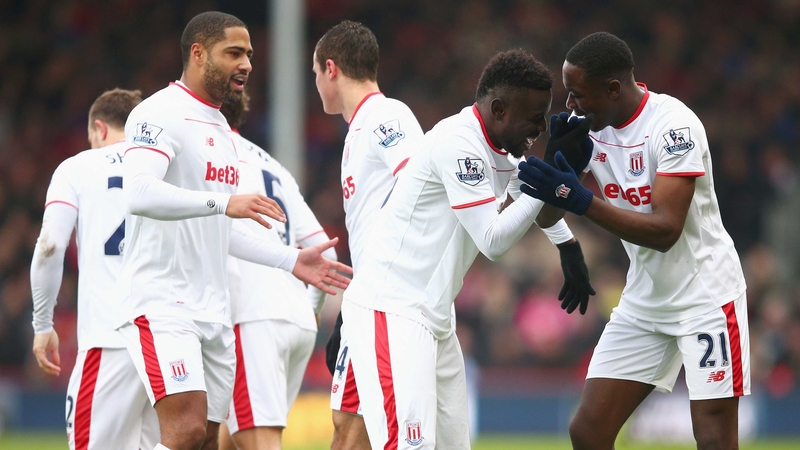 Giannelli Imbula (R) of Stoke City celebrates scoring his team's first goal with his team mates