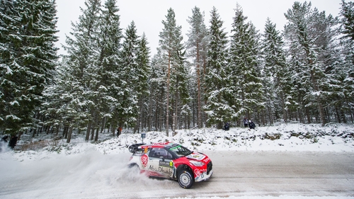 Craig Breen steers his Citroen around the icy course at Rally Sweden