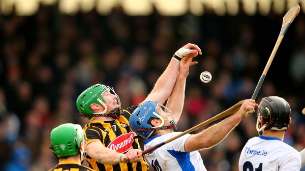 Waterford's Michael Walsh and Kilkenny's Diarmuid Cody have their eye on the sliotar at Walsh Park