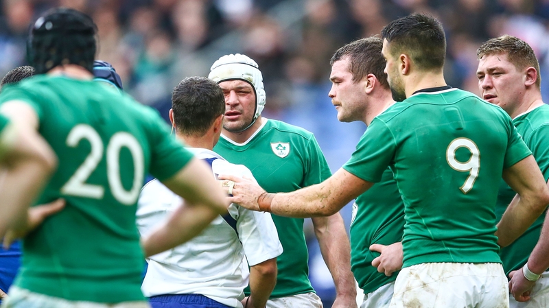 Rory Best talks to referee Jaco Peyper during the defeat to France