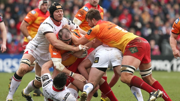 Ulster's Franco van der Merwe tries to halt Phil John