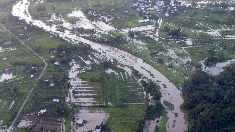 An aerial view of widespread floods caused by Tropical Cyclone Winston