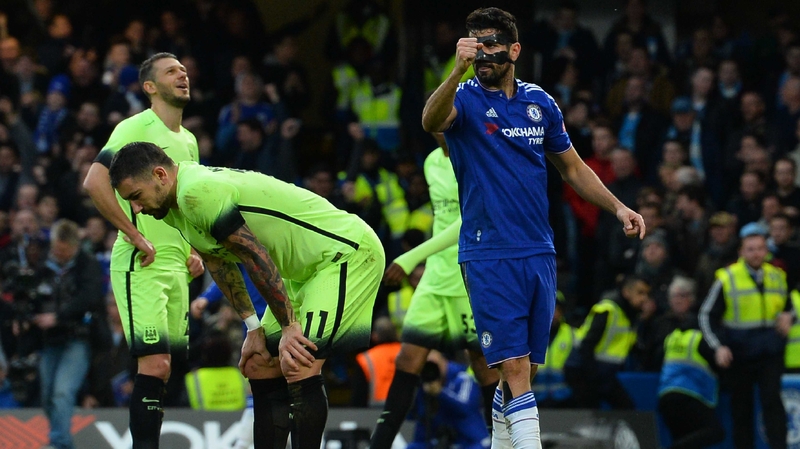 Manchester City players look dejected after Diego Costa's goal in their FA Cup clash at Chelsea