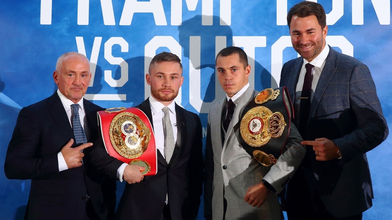 Barry McGuigan (L) manages Carl Frampton (2nd L) who faces Scott Quigg in a super-bantamweight world-title unification bout in Manchester on Saturday
