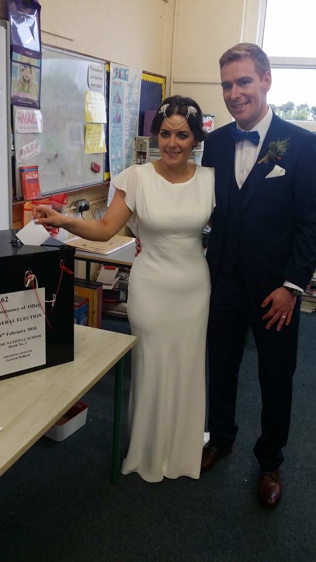 Newlyweds Jennifer Conroy and Brian Fahey cast their vote at Rhode National School, Co Offaly