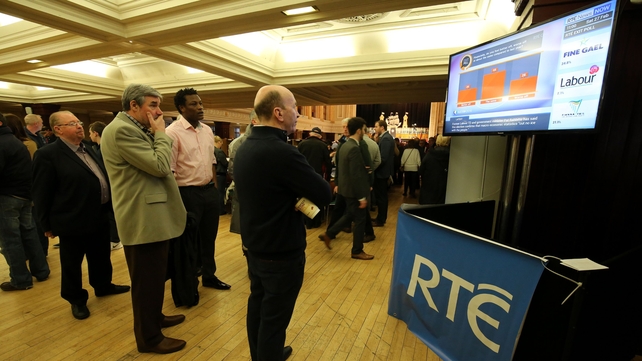 Party activists at the City Hall in Cork watch RTÉ's News Now showing early result indications
