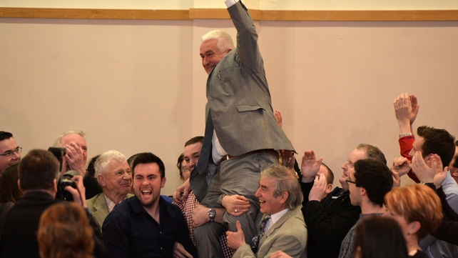 Fianna Fáil candidate Declan Breathnach is lifted in celebration after being declared at the Louth constituency count in Dundalk